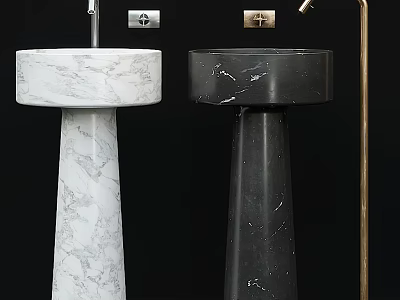 Modern Pedestal Washbasins With White And Black Marble Design And Faucets On Dark Background 3d model