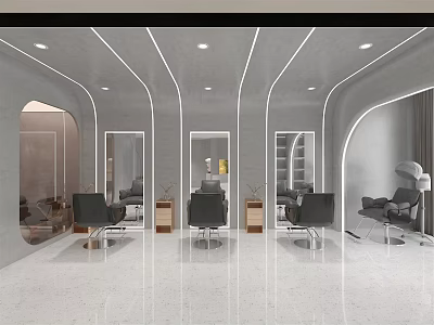 Modern Hair Salon Interior Design With Sleek Barber Chairs Mirrors And Lighting 3d model