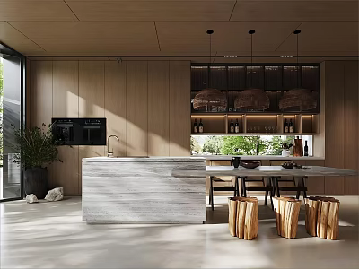 Modern Restaurant Interior With Wooden Walls Open Kitchen Grey Marble Island Wooden Stools And Pendant Lights 3d model
