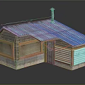 Small House Model With Pink Gray Corrugated Iron Roof Wooden Walls Grilled Windows And Chimney
