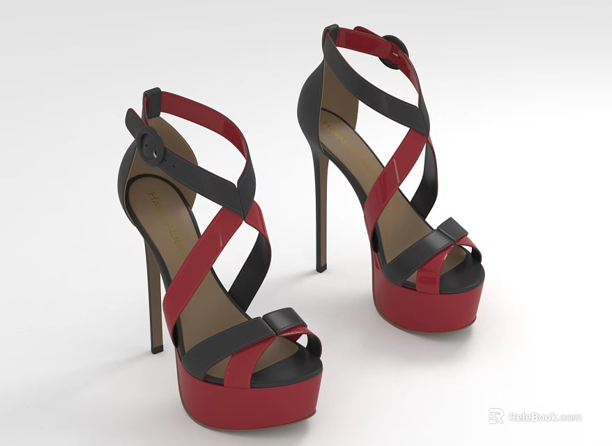 Fashionable Red And Black High Heel Shoes With Crisscross Straps Platform Soles Stiletto Heels 3d model 