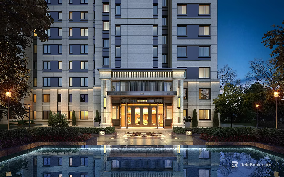 Modern High Rise Apartment Building With Elegant Entrance Hall And Water Pool At Night 3d model 