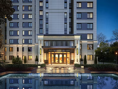 Modern High Rise Apartment Building With Elegant Entrance Hall And Water Pool At Night 3d model