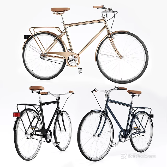 Classic Retro Bicycles In Gold Black Navy With Leather Seats And Rear Racks 3d model 