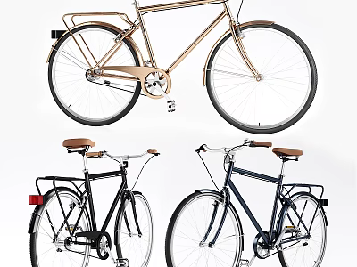 Classic Retro Bicycles In Gold Black Navy With Leather Seats And Rear Racks 3d model