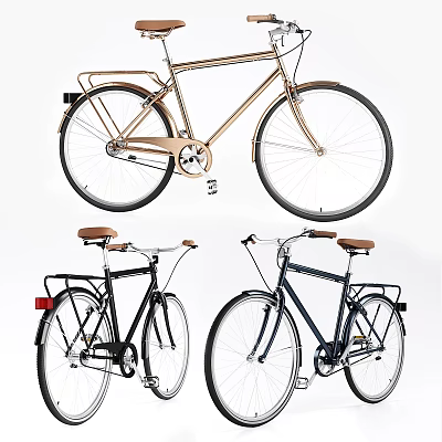Classic Retro Bicycles In Gold Black Navy With Leather Seats And Rear Racks 3d model