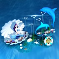 Mermaid In Seashell With Blue Dolphins And Marine Decorative Elements 3d model
