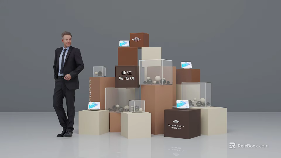 Modern Art Installation Featuring Stacked Colored Cubes Transparent Display Cases And Exhibited Items 3d model