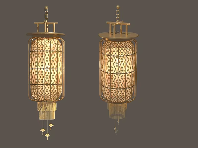 Japanese Style Woven Lampshade Chandeliers With Metal Frame And Decorative Pendants 3d model