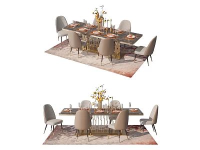 Elegant Modern Dining Table Set With Marble Top Gold Frame Chairs Floral Vase And Tableware 3d model