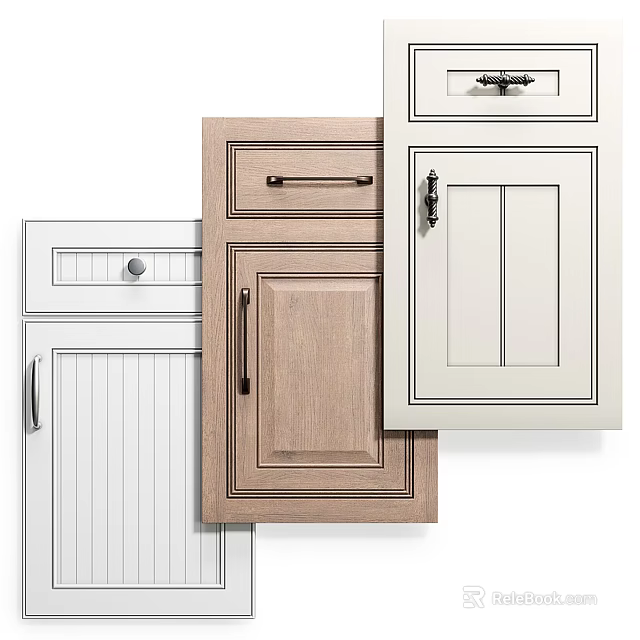 Different Styles Of Kitchen Cabinet Doors With Wooden And White Finishes And Metal Handles 3d model 