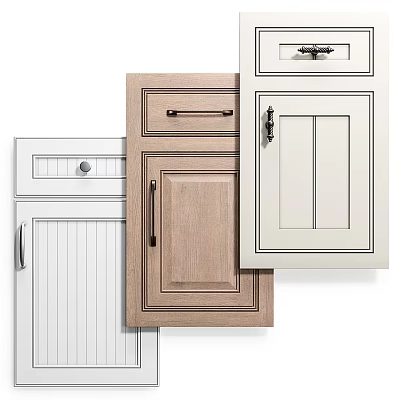 Different Styles Of Kitchen Cabinet Doors With Wooden And White Finishes And Metal Handles 3d model