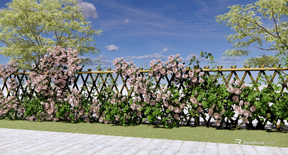 Outdoor Garden Vase With Pink Flowers Climbing Bamboo Fence And Green Grass 3d model 