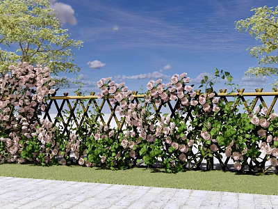 Outdoor Garden Vase With Pink Flowers Climbing Bamboo Fence And Green Grass 3d model