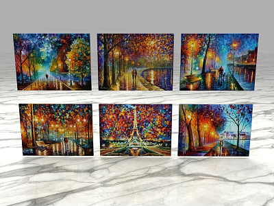 Oil Paintings of Paris Night Street Scenes With Eiffel Tower Street Lamps and Water Reflections 3d model