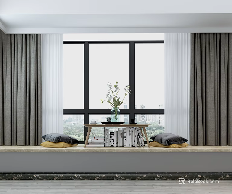 Cozy Bay Window Nook with Gray Curtains White Sheer Panels Small Table Vase Flowers Gray Cushions 3d model 