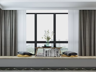 Cozy Bay Window Nook with Gray Curtains White Sheer Panels Small Table Vase Flowers Gray Cushions 3d model