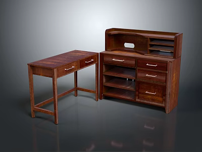 Dark Wood Writing Desk And Cabinet With Drawers And Open Shelves 3d model
