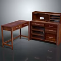 Dark Wood Writing Desk And Cabinet With Drawers And Open Shelves