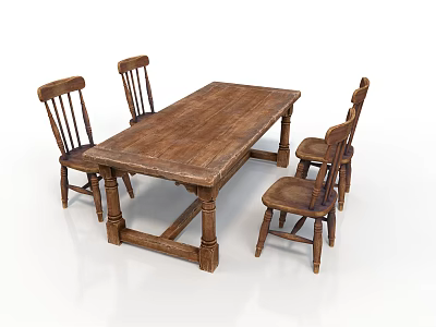 Wooden Dining Table Furniture with Four Rustic Wooden Chairs Classic Design For Home Dining Room 3d model