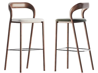 Stylish Modern Bar Stools With Wooden Curved Backrest Upholstered Seat And Slim Metal Legs 3d model