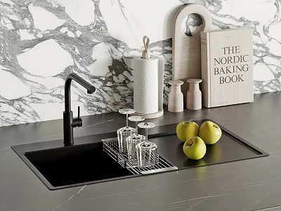 Sleek Black Kitchen Faucet Above Sink On Countertop With Marble Wall Apples And Glass Rack 3d model
