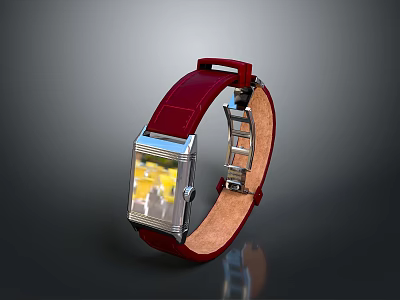 Stylish Red Leather Strap Wristwatch With Square Dial And Digital Screen 3d model