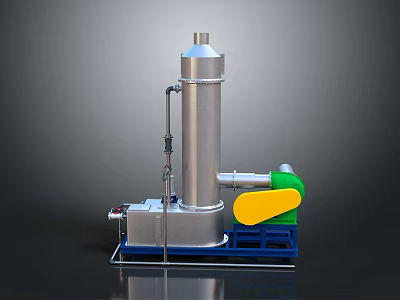 Industrial Processing Equipment With Silver Cylindrical Tower Green Yellow Components And Blue Base 3d model