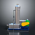 Industrial Processing Equipment With Silver Cylindrical Tower Green Yellow Components And Blue Base