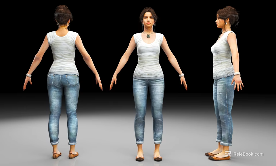 Woman in White Sleeveless Top and Blue Jeans Three Angles View with Brown Shoes 3d model 