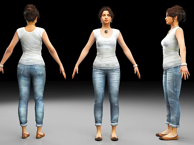 Woman in White Sleeveless Top and Blue Jeans Three Angles View with Brown Shoes 3d model