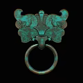 Vintage Bronze Landscape Sculpture With Mythical Beast Head And Circular Ring