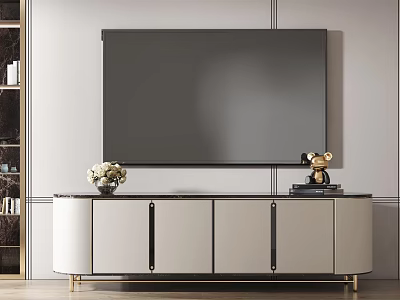 Modern Light TV Stand with Gold Legs Black Handles TV Vase Decorative Figurine 3d model
