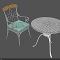 Modern Metal Frame Chair With Curved Armrests Wooden Backrest Turquoise Cushion And Round Mesh Table
