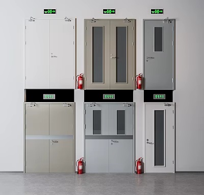 Various Design Safety Doors With Glass Panels Exit Signs And Red Fire Extinguishers 3d model