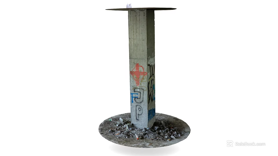 Outdoor Concrete Pillar With Colorful Graffiti Surrounded by Debris at Base 3d model 
