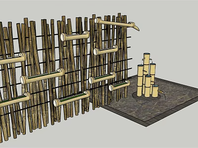 Garden Feature Wall With Vertical Wooden Poles Horizontal Beams And Stacked Posts On Stone Pavement 3d model