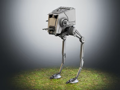 Mechanical Walker With Long Metal Legs Standing On Green Grass Field 3d model