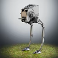 Mechanical Walker With Long Metal Legs Standing On Green Grass Field