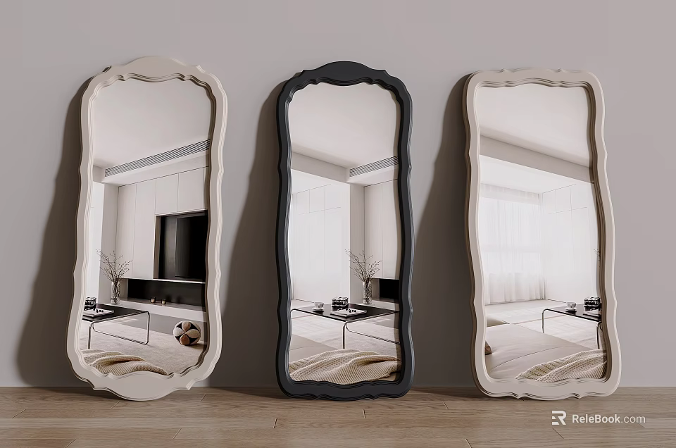 Three Decorative Mirrors with Black and White Frames Reflecting Modern Living Room 3d model 