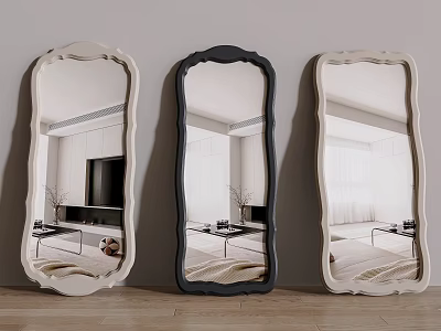 Three Decorative Mirrors with Black and White Frames Reflecting Modern Living Room 3d model