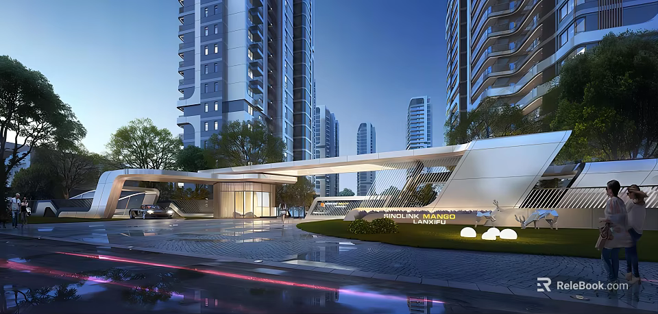 Modern Luxury Entrance Gate With High-Rise Buildings Landscaping And Ambient Lighting 3d model 