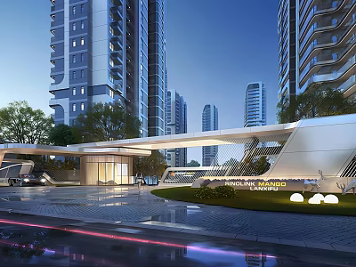 Modern Luxury Entrance Gate With High-Rise Buildings Landscaping And Ambient Lighting 3d model