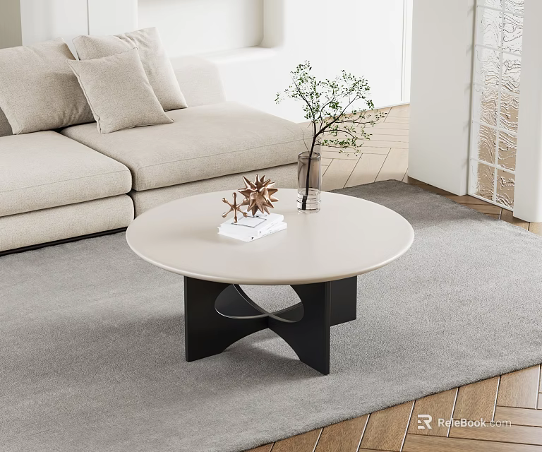 Modern Round Coffee Table With Black Base And Decorative Plant In Living Room Interior 3d model 