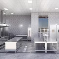 Bright Commercial Kitchen With Stainless Steel Worktables Refrigerators Oven Windows And Range Hood