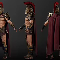 Man in Greek Warrior Armor With Shirtless Torso Red Cape and Helmet Three Quarter Views