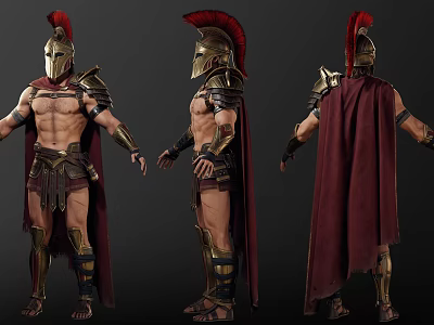 Man in Greek Warrior Armor With Shirtless Torso Red Cape and Helmet Three Quarter Views 3d model