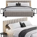 Tufted Beige Upholstered Double Bed with White Sheets Black Blanket and Round Nightstand