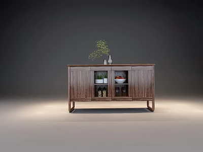 Modern Wooden Sideboard With Glass Doors Dishes Bottles And Top Plant Decoration 3d model
