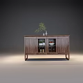 Modern Wooden Sideboard With Glass Doors Dishes Bottles And Top Plant Decoration